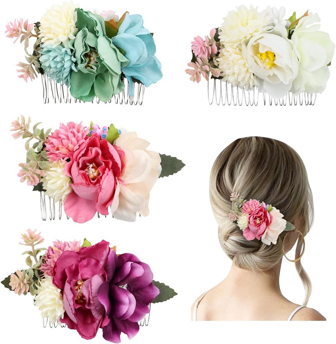 4 Stuks Bloemen Haarkammen Metall 20 Tanden Haarklemmen Zijkam Bruiloft Accessoires