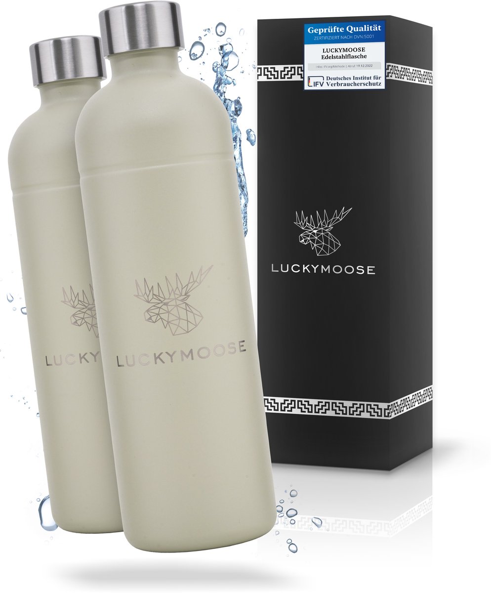 Luckymoose RVS Drinkfles 1,25L - Universeel geschikt voor Bruiswatertoestellen - Set van 2 - Infinity Roestvrijstalen Waterfles - Herbruikbaar - Zandkleurig