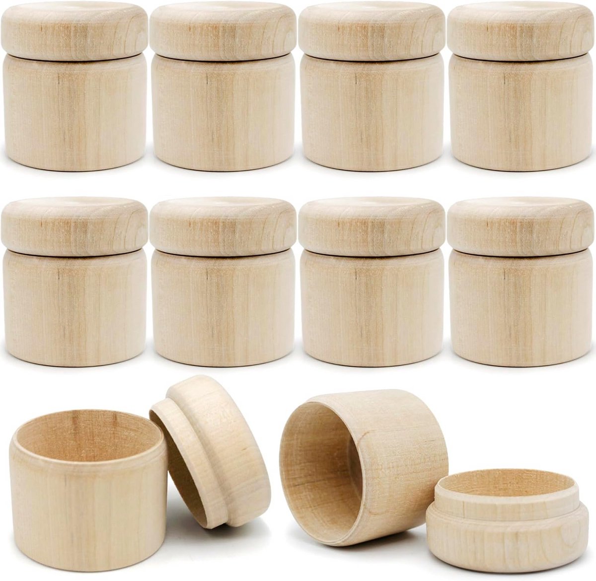 10x Ronde Houten Doosjes met Deksel - Klein Onbewerkt Hout - Knutselboxen Opslag