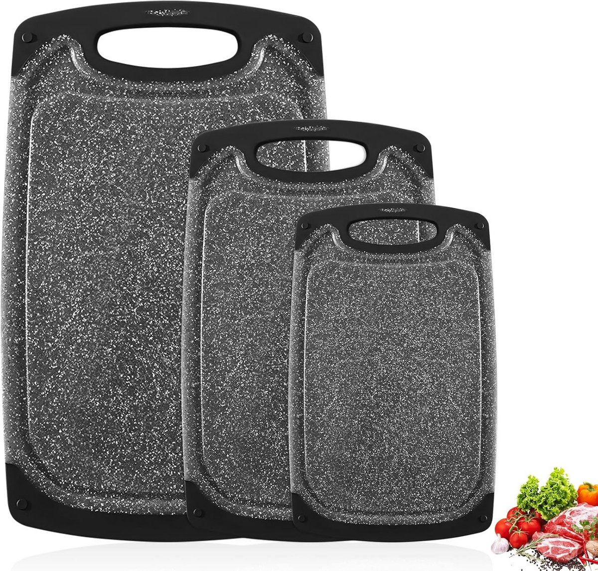 3-delige Snijplank Set met Handvat, Antislip en Sapprofiel - Voor Vlees, Groente & Fruit
