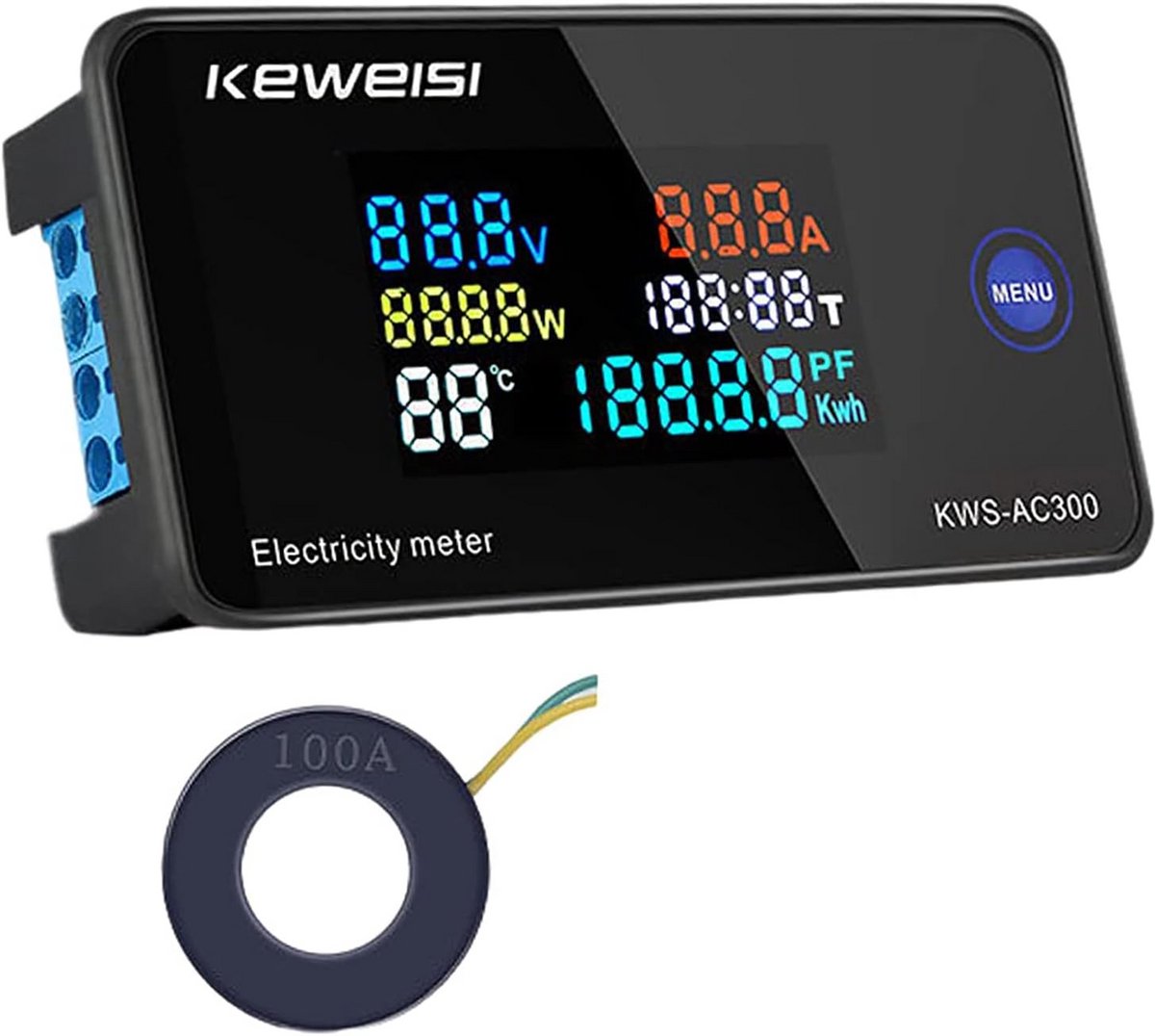Digitale LCD Energiemeter met Voltmeter, Ampèremeter en Temperatuurweergave