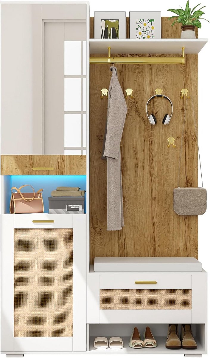 Wandgarderobe Set met Spiegel, Zitbank en Kleurrijke LED Verlichting - Garderobemeubel voo