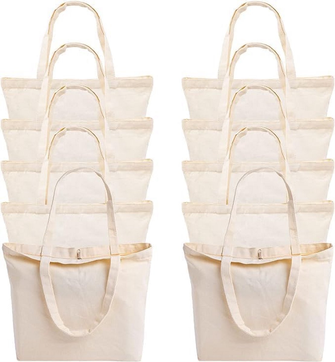Set van 10 Herbruikbare Canvas Tassen met Rits - Wit - 40x33cm voor DIY en Boodschappen