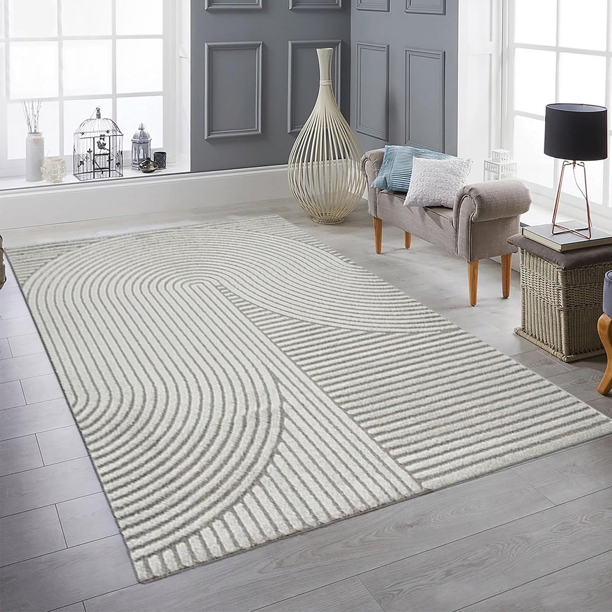 Modern grijze vloerkleed met lijn- en boogpatroon 160x230 cm allergievriendelijk en geschi