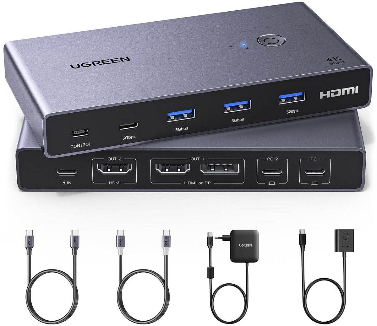 USB-C KVM Switch 2 PC naar 2 Monitoren, 4K@60Hz, 2 In 1 Uit Selector met 4 USB 3.0 Poorten en 100W PD