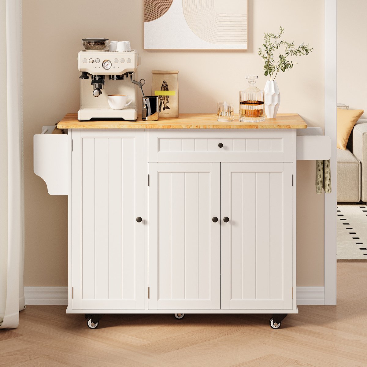 Bealife KC90 Keukenkar - Keukenkast met Opvouwbaar Werkblad en Wielen - 106 x 75 x 88 cm - Wit