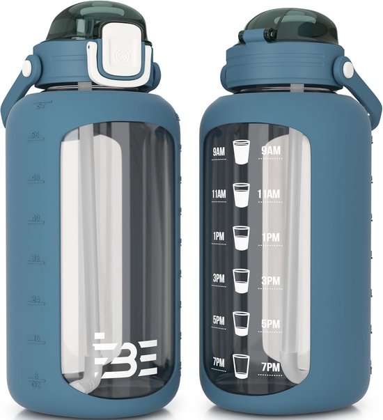 LOOFORE 1000ml / 32oz glazen waterfles met rietje - Waterfles 1L met 2 deksels (bamboe en roestvrijstalen deksel), roestvrijstalen rietje en neopreen hoes voor fitness, sport, 1 stuk