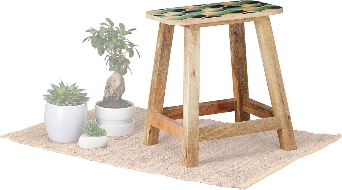 Houten Kruk & Bijzettafel 2-in-1 - Massief Hout met Modern Patroon - 45,5 cm Hoog