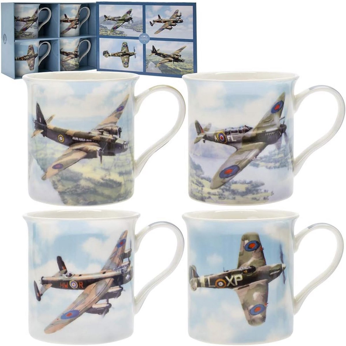 Set van 4 Fijn Porselein Mokken - Met 4 Unieke Vliegtuig Designs