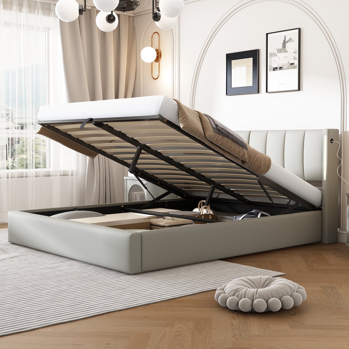 OKWISH Gestoffeerd Bed 140x190 cm - Met USB Type-C & LED - Verstelbaar Hoofdeinde 0-30° - Met Opbergruimte - PU Bekleding - Grijs - Zonder matras