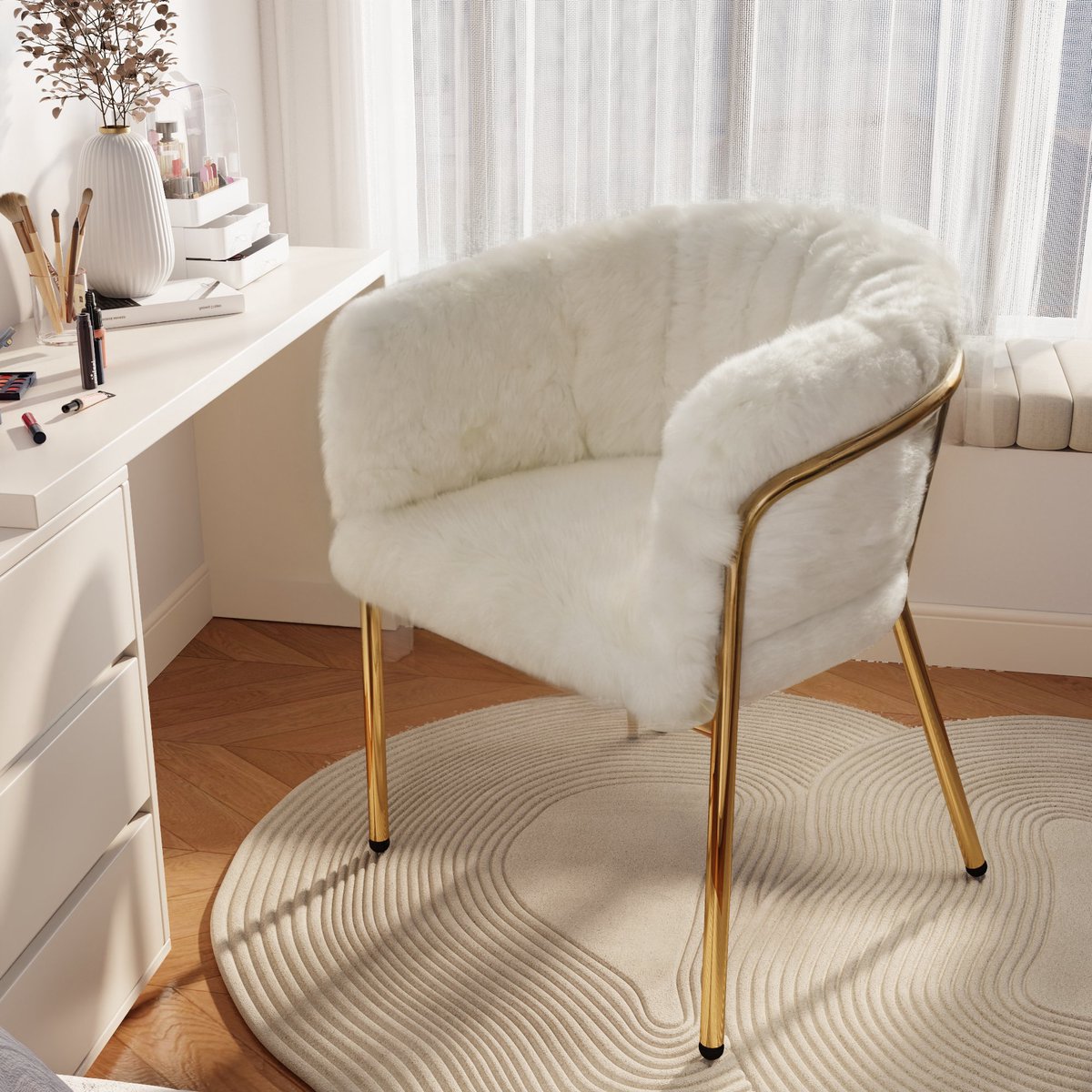 OKWISH Vrijetijdsstoel – Licht Luxe Design – 1-Stuk Comfortabele Ruime Zitplaats – Kunstbont Bekleding – Metalen Poten – Beige