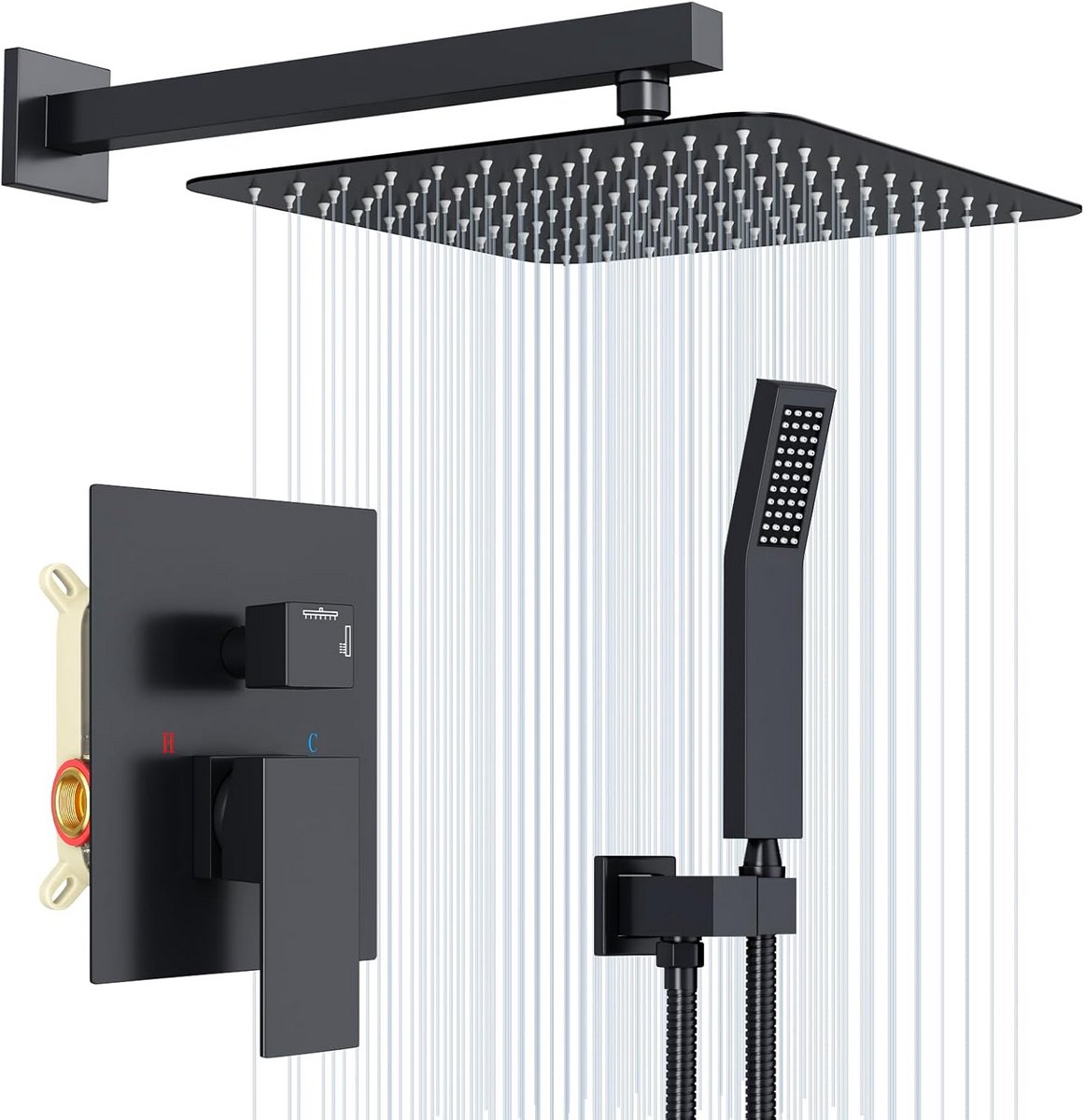 Inbouwdoucheset Zwart met Vierkante Rain Shower Kop 30x30 cm