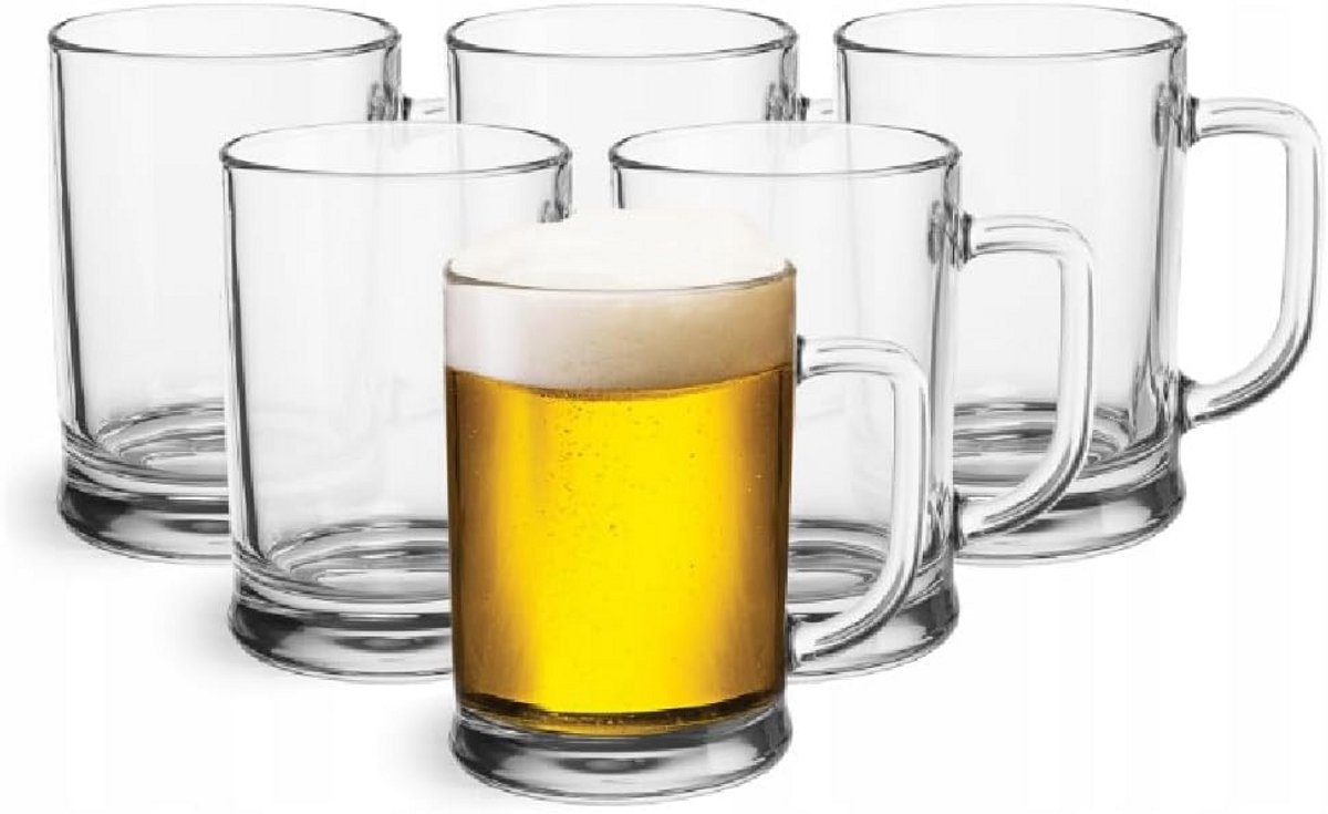 Set van 6 Stevige Bierpullen 0,5 Liter met Handvat - Grote Glazen Bierkannen Transparant