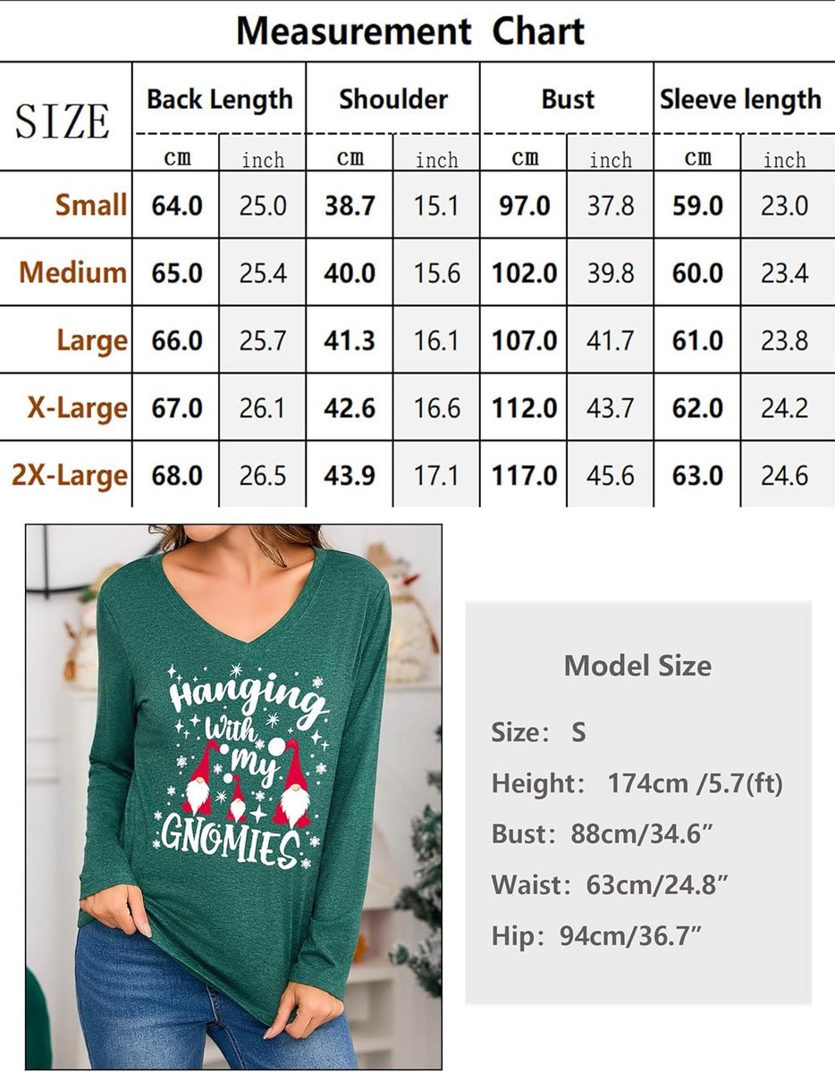 Kerst T-shirt Dames Lange Mouwen V-hals Comfortabel Feestelijk Bovenstuk