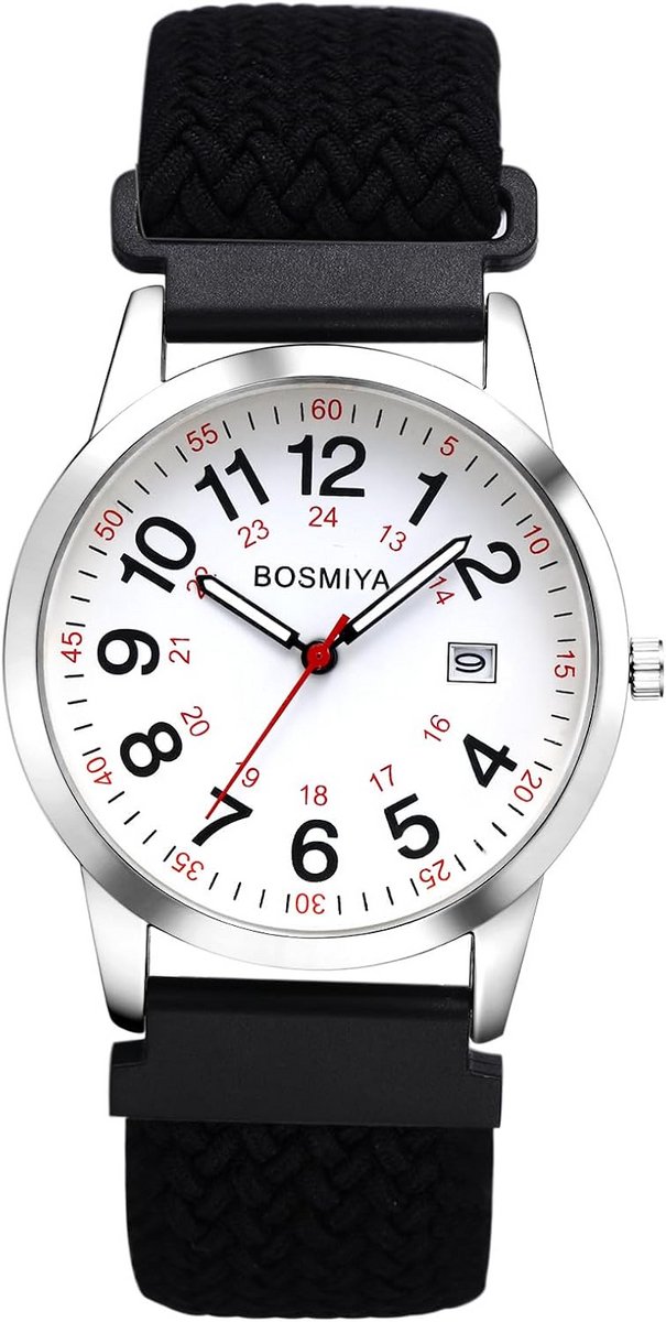 Analoog Quartz Polshorloge met Elastische Gevlochten Band en Grote Cijfers voor Heren en Dames