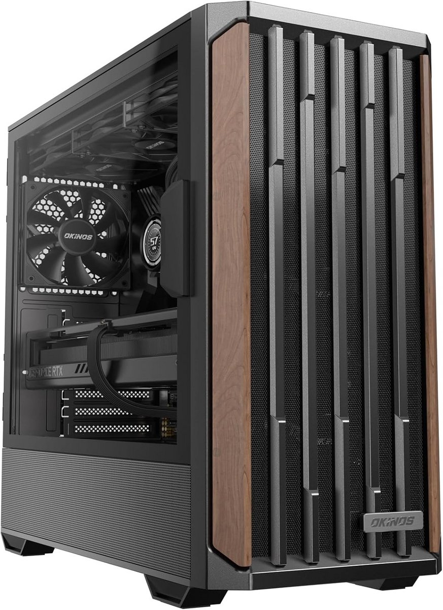 ATX PC Behuizing Walnoothout Zwart met Gehard Glas Panoramisch Zicht en Type-C