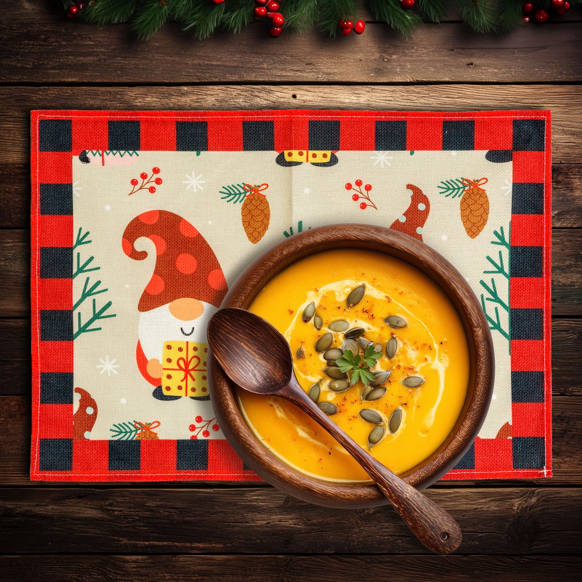 Kerst placemat kerstgnome – Rechthoekige tafelmat 46 x 32 cm – Scandinavisch design in rood en zwart – Beschermende kerst tafeldecoratie - 1 Stuks [59749B]