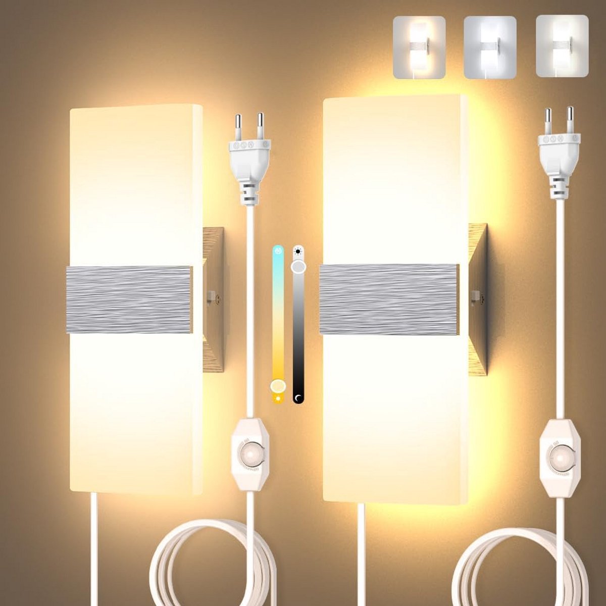 2x Dimbare LED Wandlampen Binnen met Snoer - 3 Kleurtemperaturen (3000K-6000K) - 12W Wandlicht voor Woonkamer en Slaapkamer