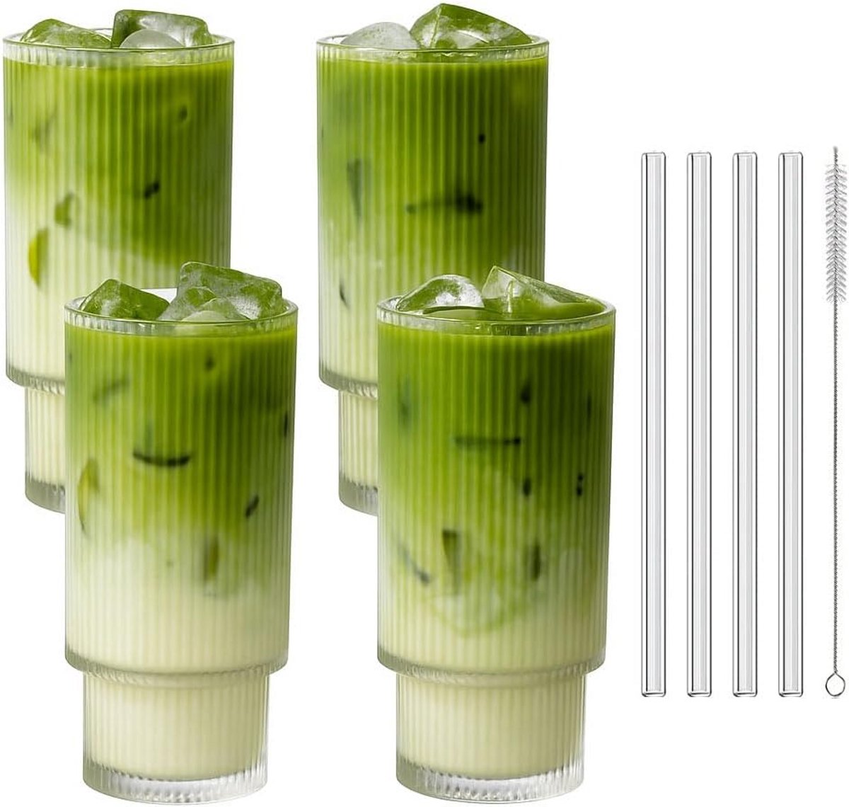 Set van 4 geribbelde drinkglazen, 320 ml inclusief glazen rietjes en reinigingsborstel