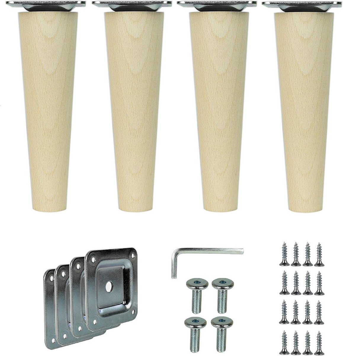 Set van 4 Beukenhouten Meubelpoten - Afgeschuinde Vorm, 15 cm, Massief Hout, Geschikt voor Banken en Meubels, Grond Oppervlak voor Veredeling