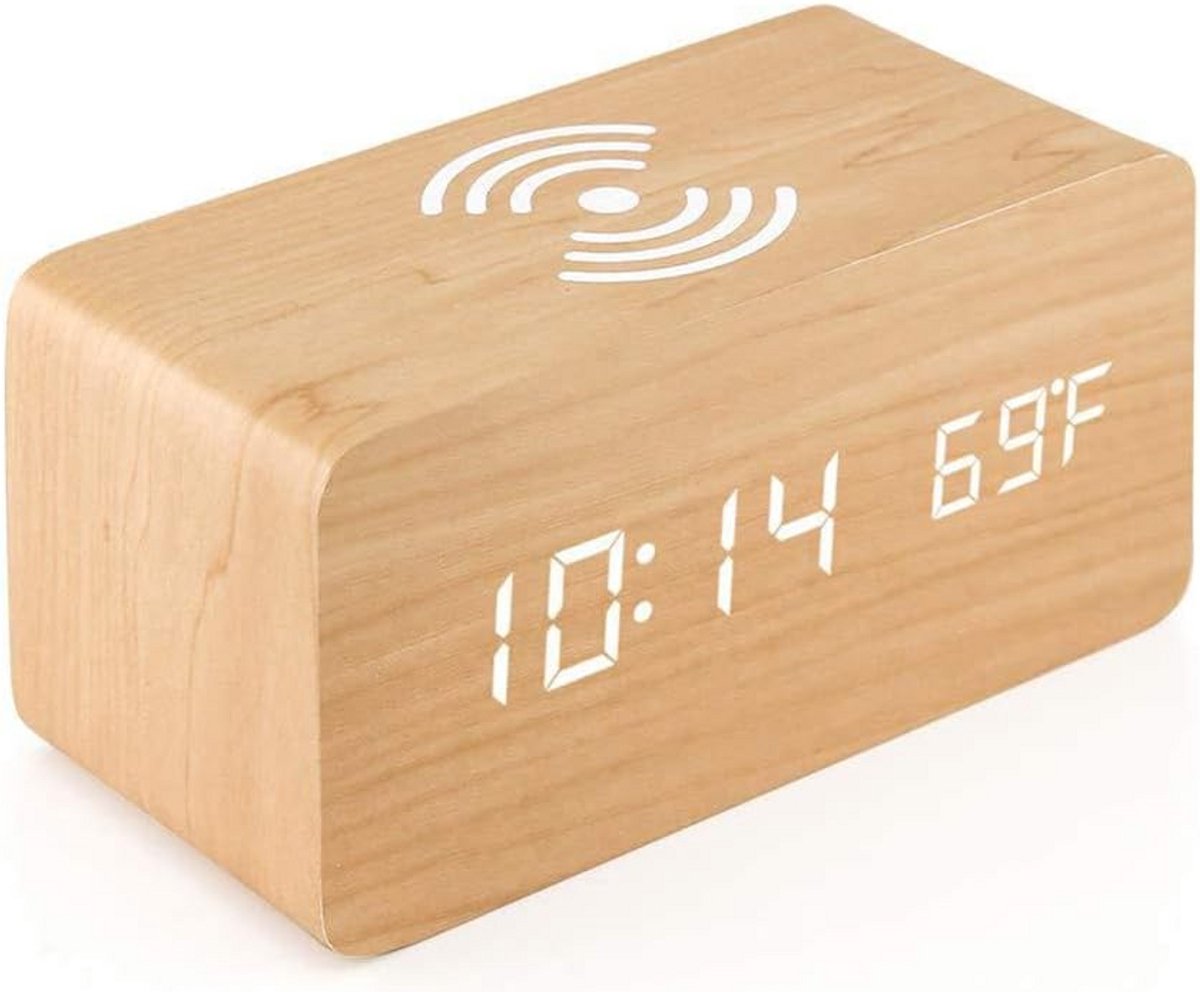 Houten Digitale Wekker met Draadloos Opladen en LED Display