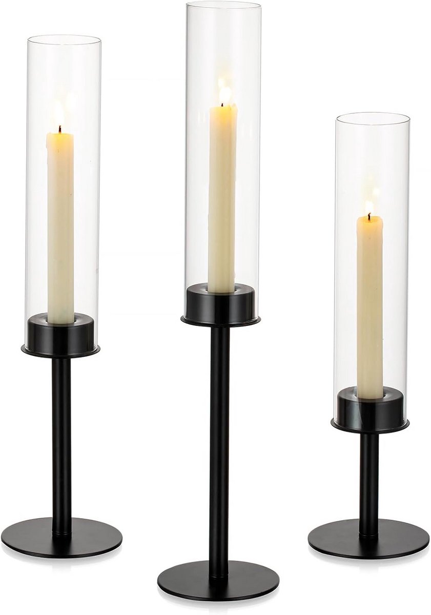 Kaarsenstandaards Set - Windlichten Houder - Sfeervol Dineren - Winddicht Glas Ontwerp - 3 Verschillende Hoogtes - Zwart