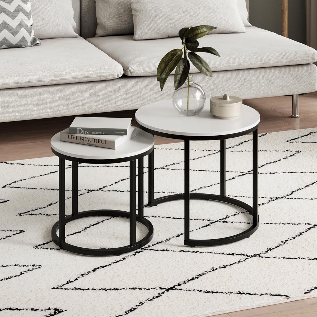Set van 2 Ronde Salontafels, Nestelbaar, Modern Woonkamertafel met Metalen Frame