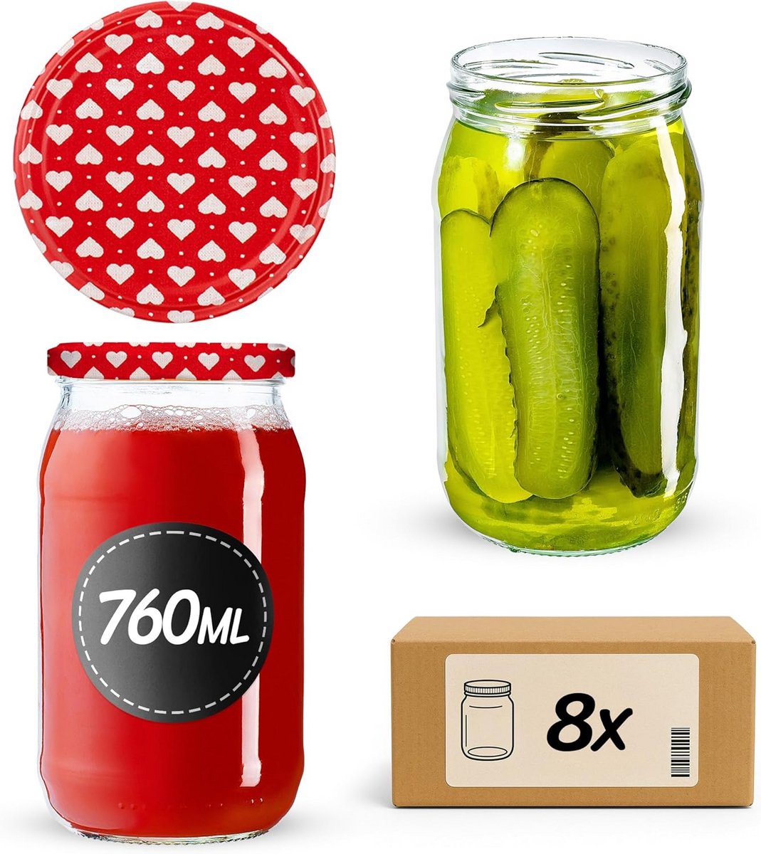 Set van 8 Weckpotten 760 ml met Schroefdeksel - Jampotten en Schroefpotten voor Inmaken