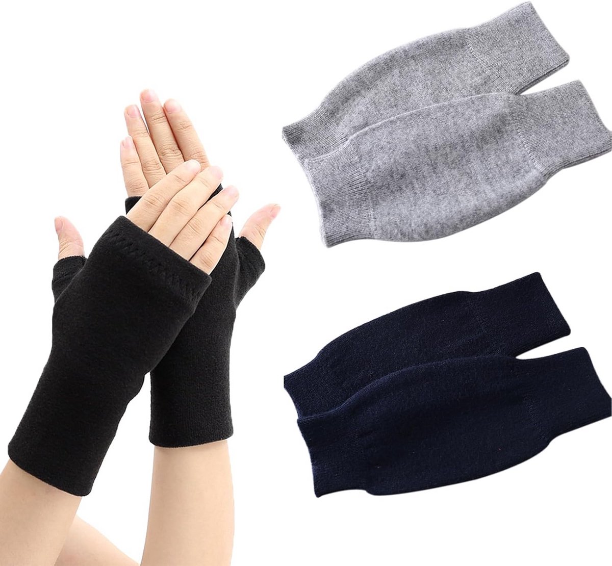2 Paar Vingerloze Gebreide Handschoenen Dames - Warme Halve Vinger Winterhandschoenen (Zwart & Wit)