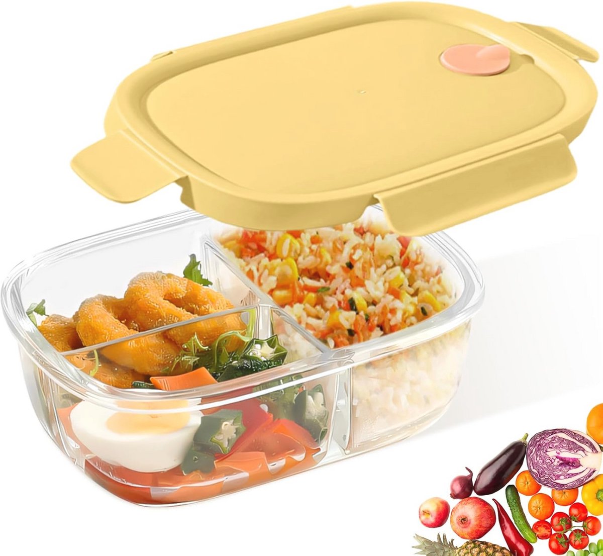 Lunchbox met 3 vakken - 900 ml, magnetron- en ovenbestendig, BPA-vrij en lekvrij, ideaal voor kantoor en school