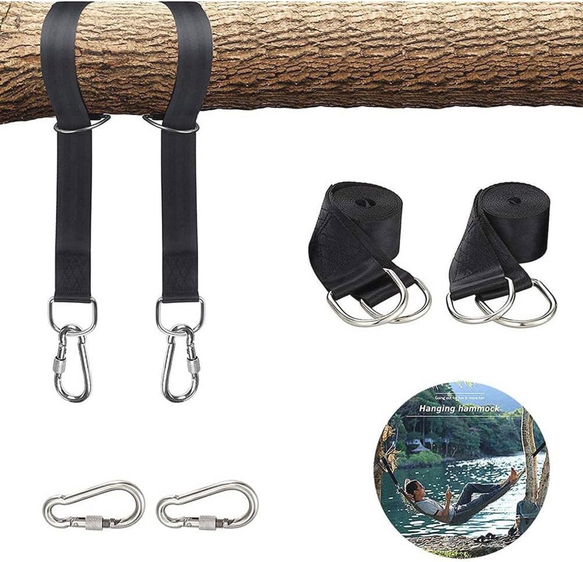 Hangmatbevestiging en Schommelriemen met Karabijnhaken en D-ringen - Tot 550 kg Draagvermogen