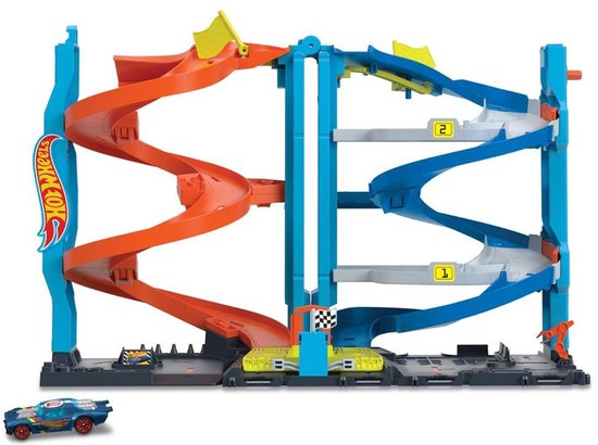 Hot Wheels City Transformerende Racetoren met oranje en blauwe spiraalvormige bochten.