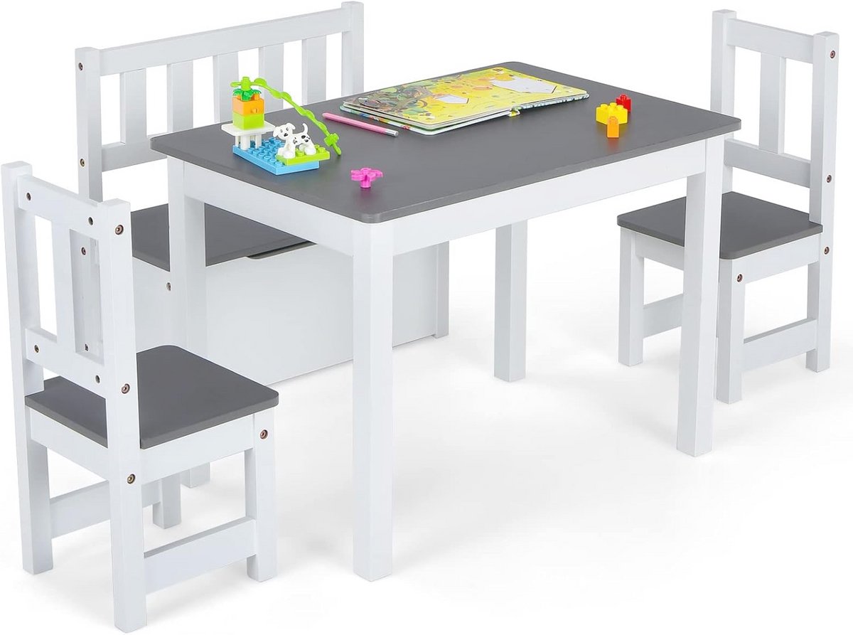 Kindertafel met 2 Stoelen en Opbergbank - Houten Tafel voor Kinderen van 3-7 Jaar
