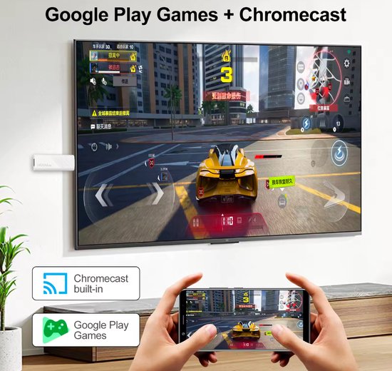 Gaming op een TV via Chromecast, met een smartphone in de hand.