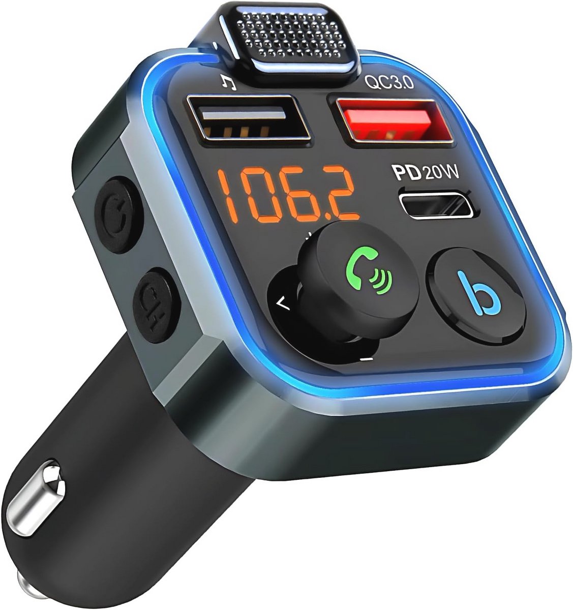 Draadloze FM Bluetooth Radio Adapter voor Auto met Snellader en 3 Oplaadpoorten