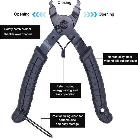 Zwarte fietskettingtang met rubberen handvatten en tekstlabels in het Engels zoals 'Safety catch', 'Harden alloy steel', 'Return spring', 'Position fixing clasp'.
