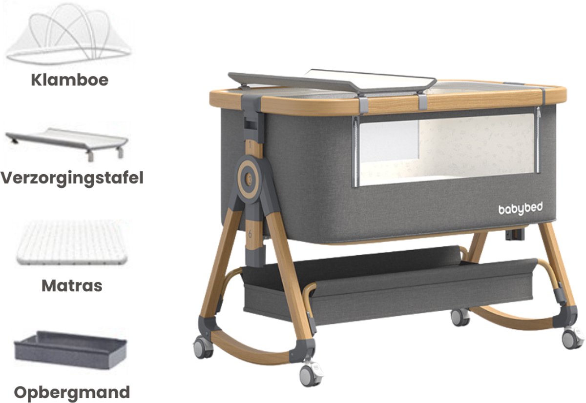 Kaëru® 4-in-1 Multifunctioneel Babybed – Co-sleeper, Losstaand Bedje, Wieg en Reisbed – Aluminium Houtnerf Frame – 6-standen hoogteverstelling – Gemakkelijk op te bergen – Inclusief Muggennet, Matras en Verzorgingstafel – Voor Baby’s tot 36 Maanden