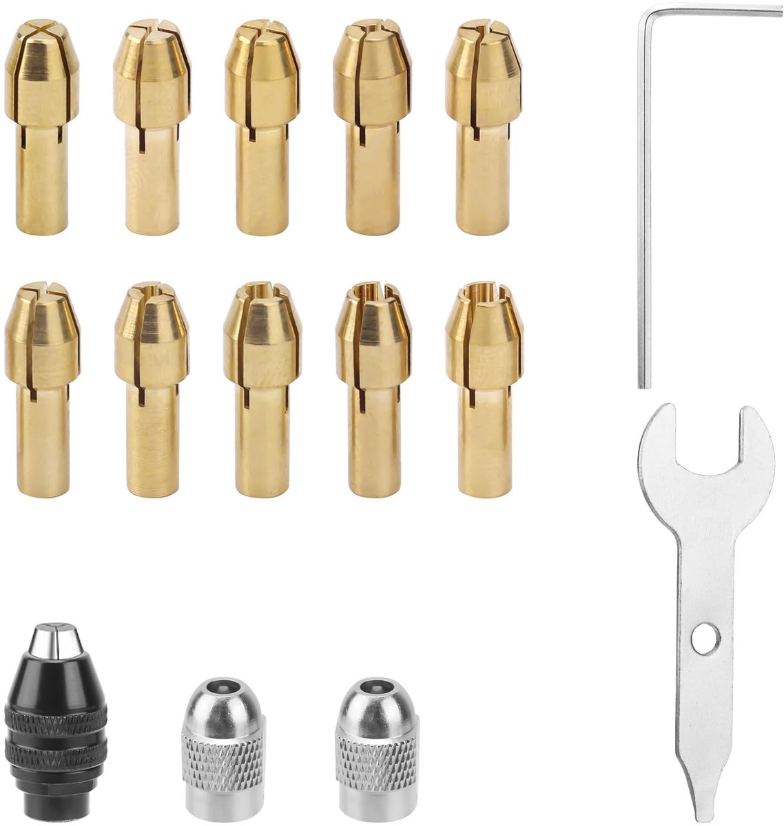 Chuck Collet Kit voor Dremel, inclusief messing spantangset en 1/32" tot 1/8" 4486 Multi Chuck en 4485 messing spantang metalen moer roterende gereedschap spantangadapter voor Dremel