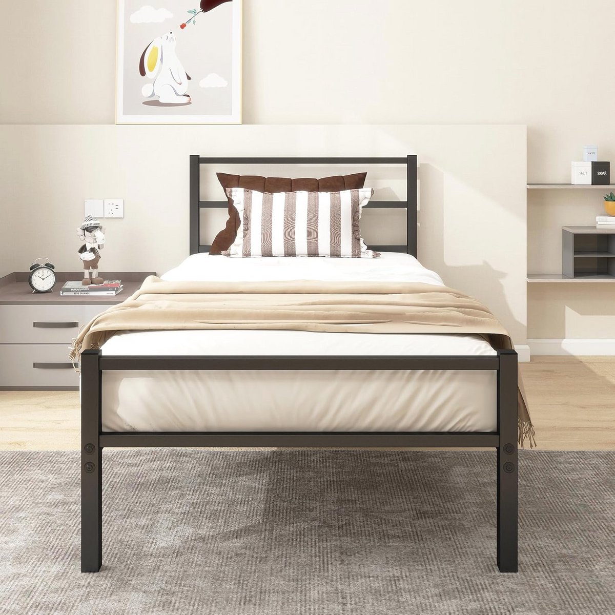 Eenpersoonsbedframe van metaal 90x200 cm met lattenbodem en hoog hoofdeinde - gemakkelijk te monteren, ideaal voor tieners en logeerkamers