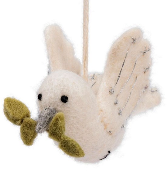 Wolvilt Vogel - Vredesduif met Olijftakje - Creme&Groen&Zilver - Fairtrade Homedeco - 7x12x4cm — afbeelding 4