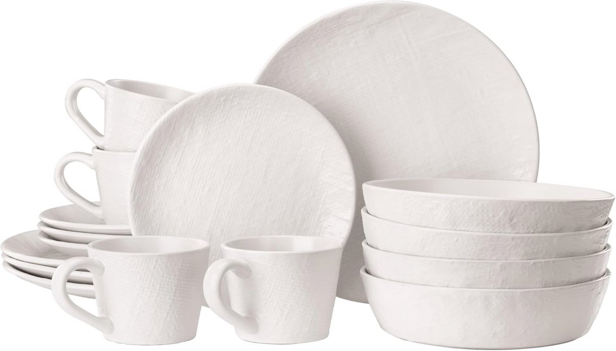 16-delig Aardewerk Servies voor 4 Personen - Compact en Stapelbaar - Magnetron- en Vaatwasmachinebestendig - Wit