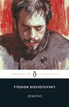 Boekomslag van 'Demons' door Fyodor Dostojevsky. Een pastelportret van een man met baard en rode achtergrond.