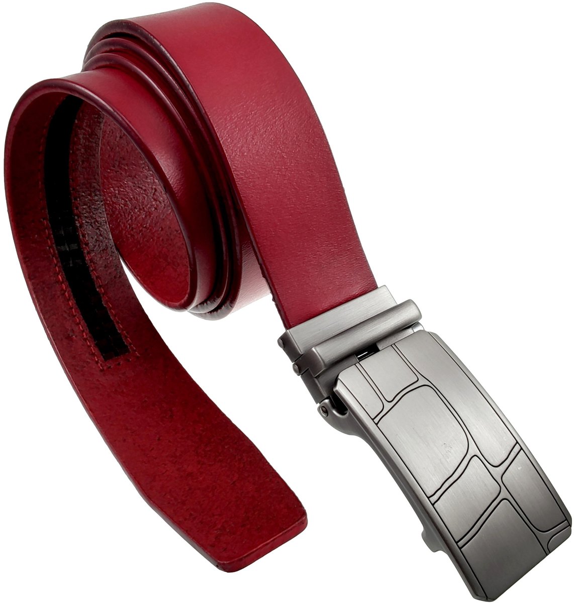 Verstelbare Rode Riem zonder Gaatjes, Automatische Riem, Echt Leer, Heren - 3,5 cm Breed - 84 - 106 cm