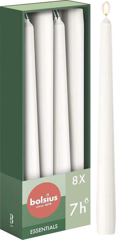 Bolsius - Gladde dinerkaarsen - Wit - 8 stuks - 23 cm - Brandduur 8 uur - Ongeparfumeerd - Bevat natuurlijke plantaardige was - Zonder palmolie