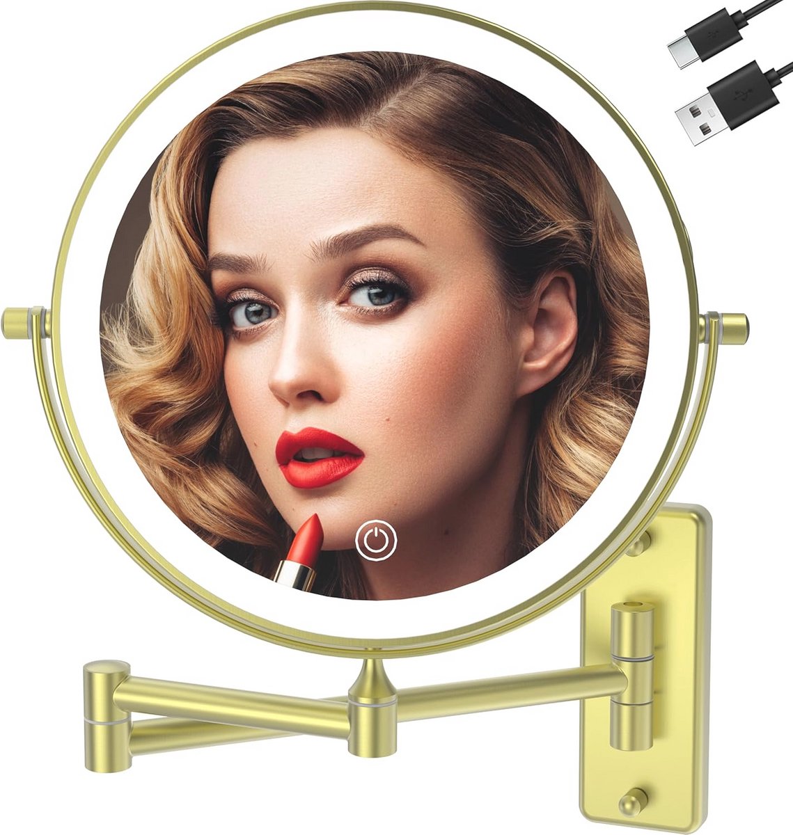 Oplaadbare Wandmontage Make-up Spiegel met Verlichting - Dubbelzijdig 1X/7X Vergrootglas, 3 Kleuren en Touchscreen - 360° Rotatie