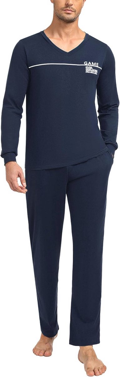 Heren Pyjama Set Katoen Lange Mouwen V-hals Comfortabel en Elastisch Met Broek en Zakken S-XXL