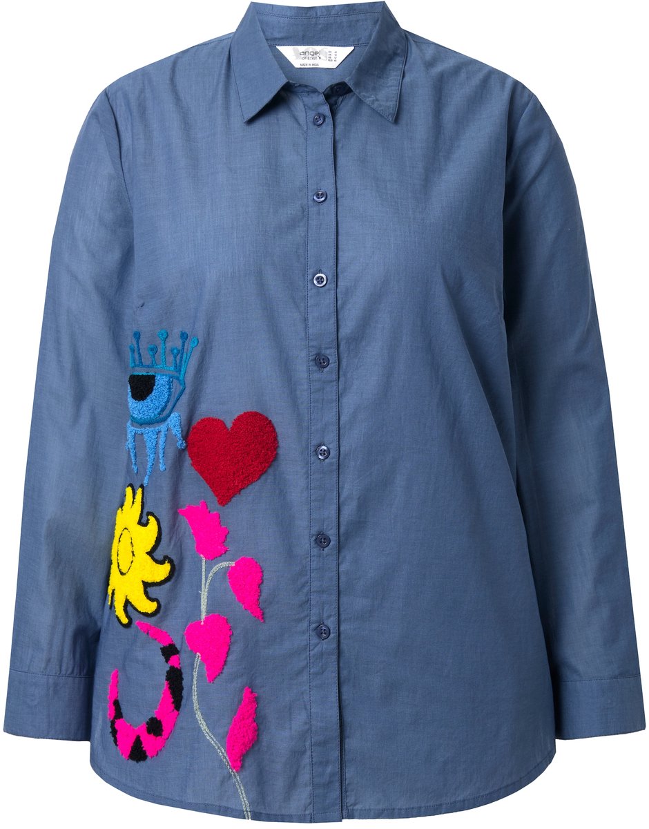 Angel of Style - Dames - Blouse A-lijn badstof borduursel lange mouw - Blauw denim - Maat 48