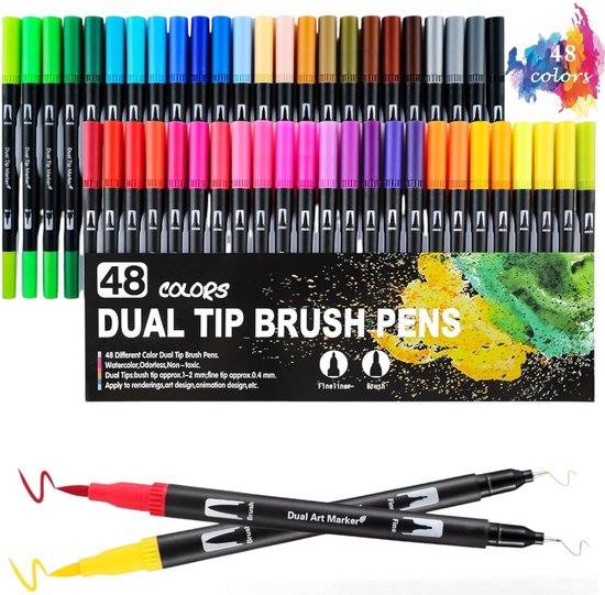 Marqueurs à Glitter à Dual pointe, 48 couleurs – Encre imperméable – Double pointe – Convient à Diverse surfaces – Lot de 48 – Multicolore – Dessin et décoration pour Enfants et Adultes