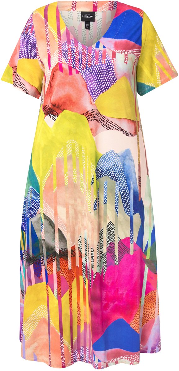 Ulla Popken - Dames - Slinky midi-jurk A-lijn V-hals halflange kapmouwen - Magenta - Maat 54+
