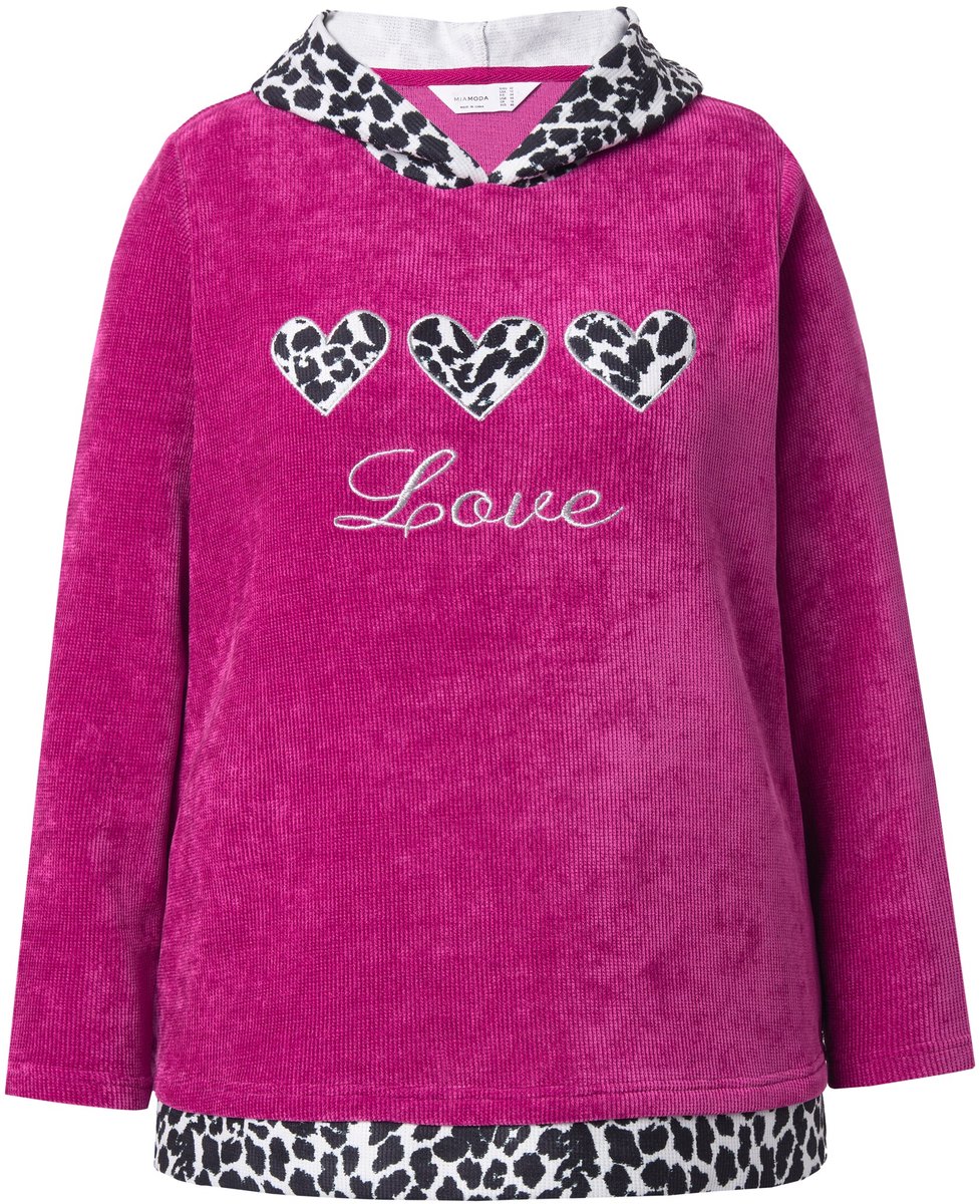 MIAMODA - Dames - Hoodie trui met capuchon pluizige sweatstof luipaard-details - Donkermauve - Maat 60